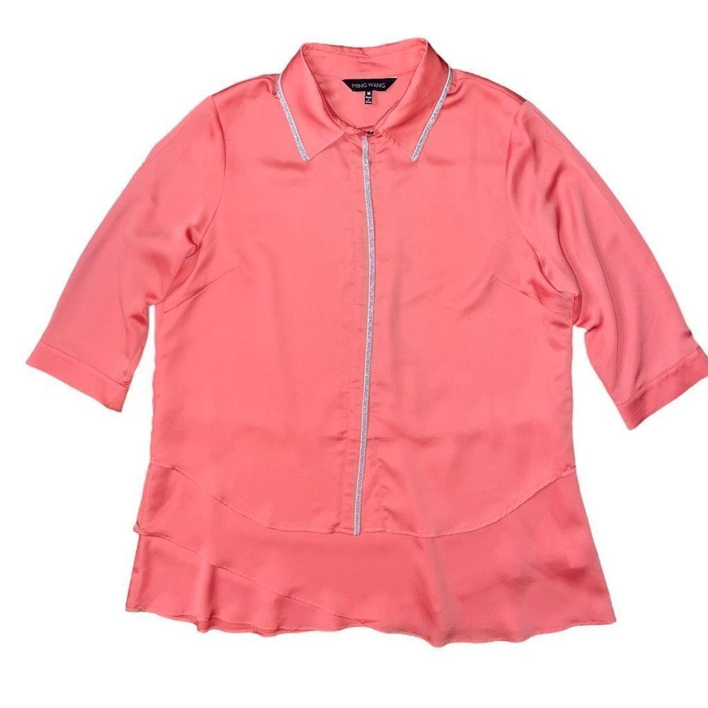 Ming Wang Coral Blouse Button Down Silver Bead Size Medium
